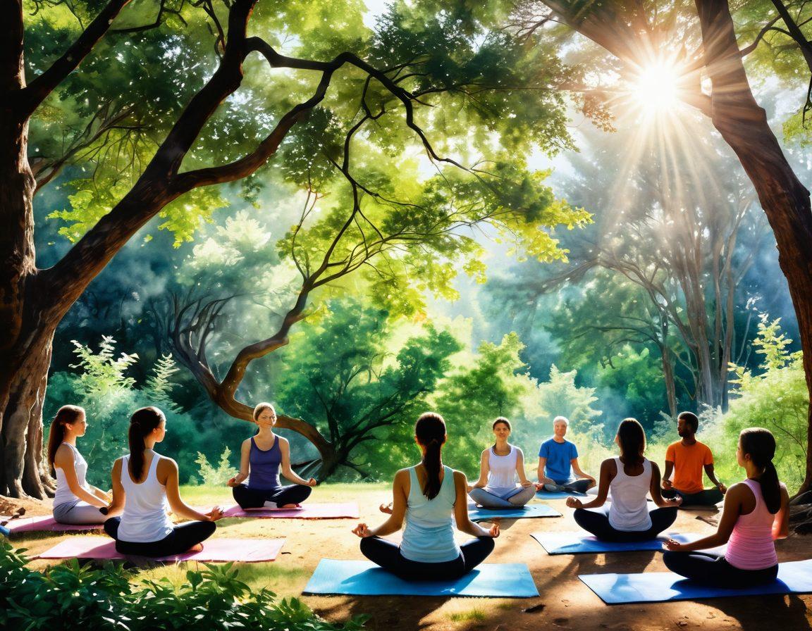 A serene landscape depicting a diverse group of people engaging in holistic healing practices, such as yoga, meditation, and supportive group discussions. In the background, soft sunlight filters through lush trees, symbolizing hope and renewal. Include symbols of early detection like a heart monitor or a magnifying glass subtly integrated into the scenery. The atmosphere should evoke a sense of peace, strength, and community. watercolor painting. soft pastel colors. natural setting.