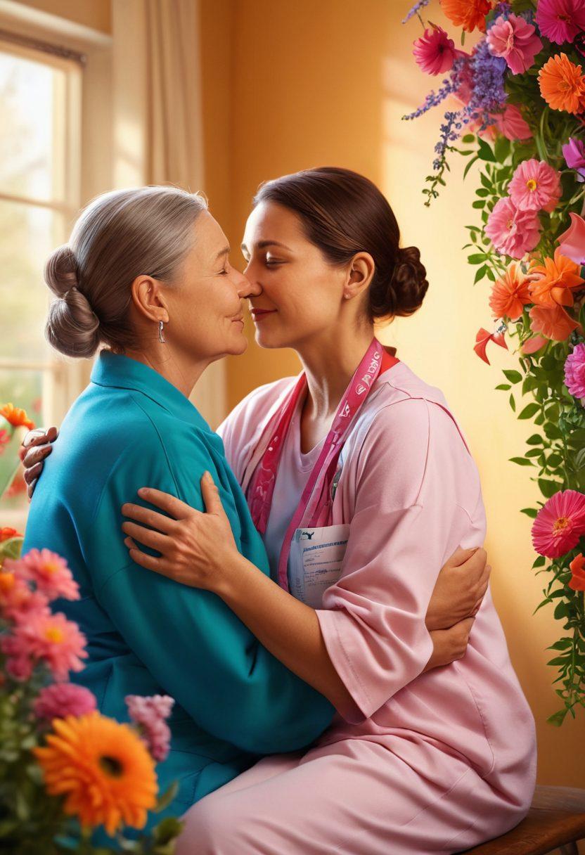 A heartwarming scene depicting diverse people supporting each other during a cancer care journey, with a cozy atmosphere of hope and resilience. Include a caregiver comforting a patient, vibrant flowers in the background, and symbols of strength like ribbons and supportive messages on colorful posters. Soft, warm lighting enhances the feeling of compassion and community. super-realistic. vibrant colors. soft focus.