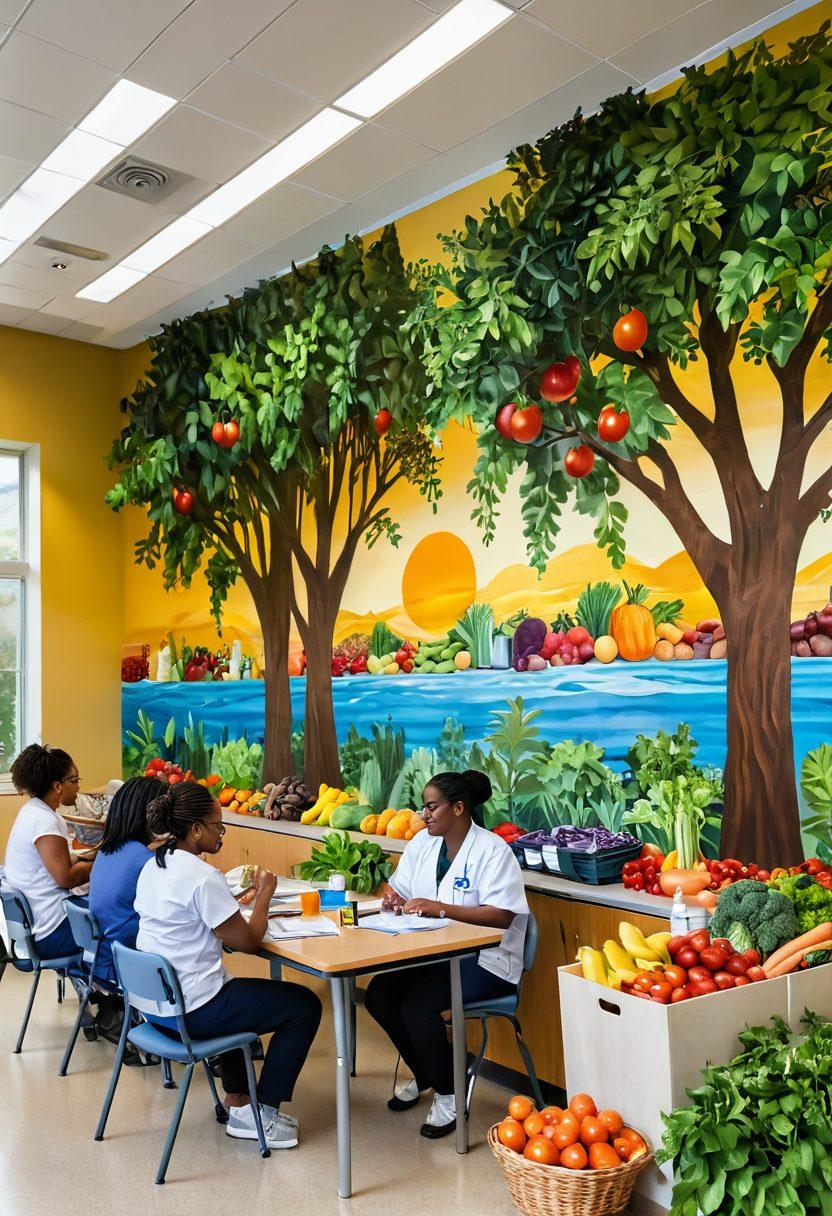 A serene hospital environment where a diverse group of patients engages in a nutrition workshop, surrounded by fresh fruits and vegetables symbolizing healthy eating. In the background, a calming mural depicting mental wellness and community support, with elements of nature like trees and tranquil water. The atmosphere is uplifting, filled with warmth and encouragement. super-realistic. vibrant colors. warm tones.